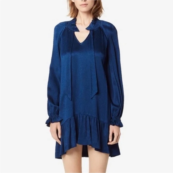 Sandro Paris Royal Navy Blue Satin Long Sleeve Mini Dress women's size Medium - Picture 1 of 8